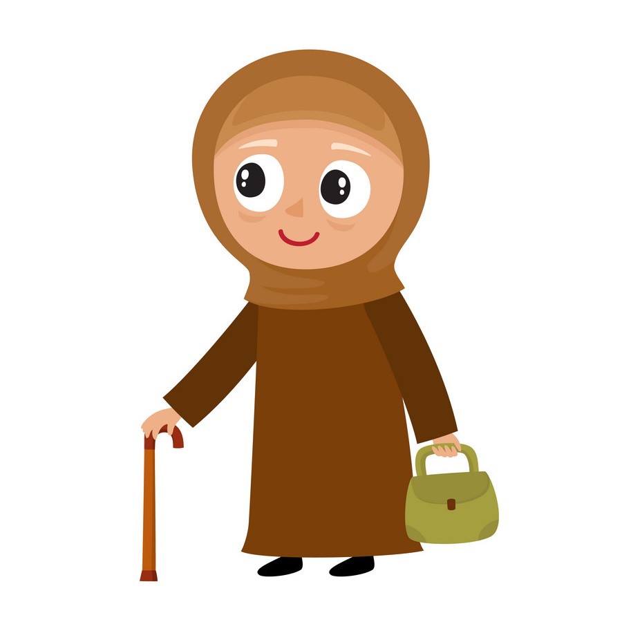 Portrait of cute muslim old woman in hijab with stick isolated on white. Vector illustration of happy grandmother in stylish clothes with grey hair. Senior lady on walk.